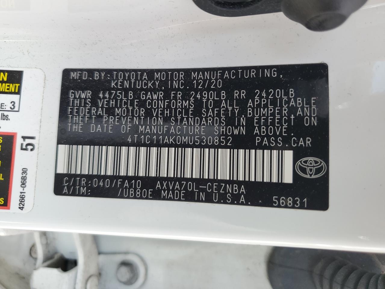 4T1C11AK0MU530852 2021 Toyota Camry Le