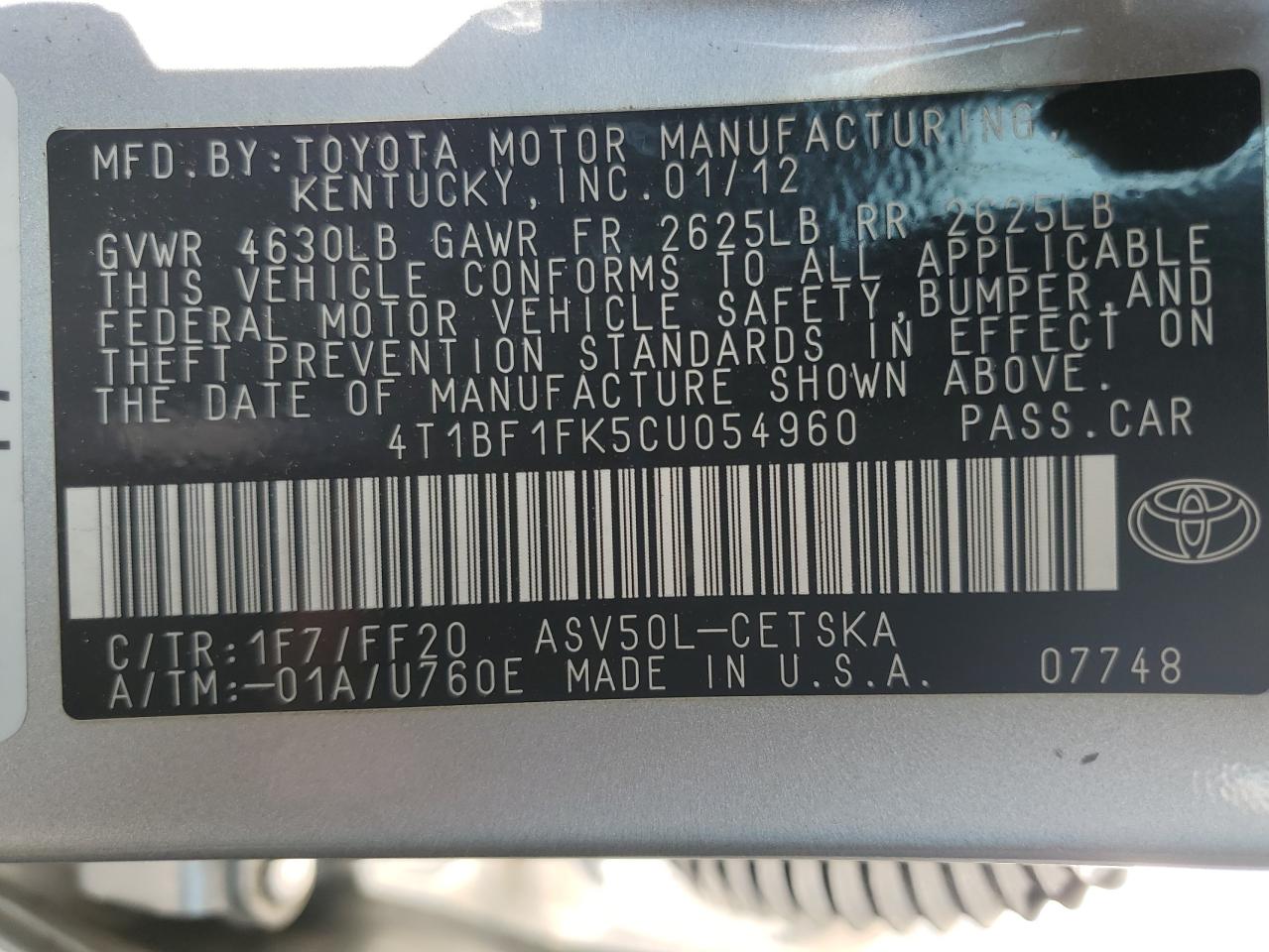 4T1BF1FK5CU054960 2012 Toyota Camry Base