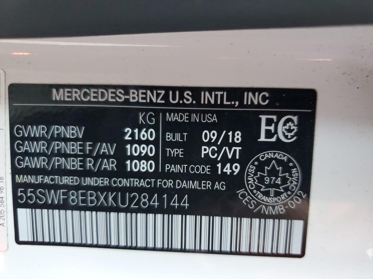 2019 Mercedes-Benz C 300 4Matic VIN: 55SWF8EBXKU284144 Lot: 71066664