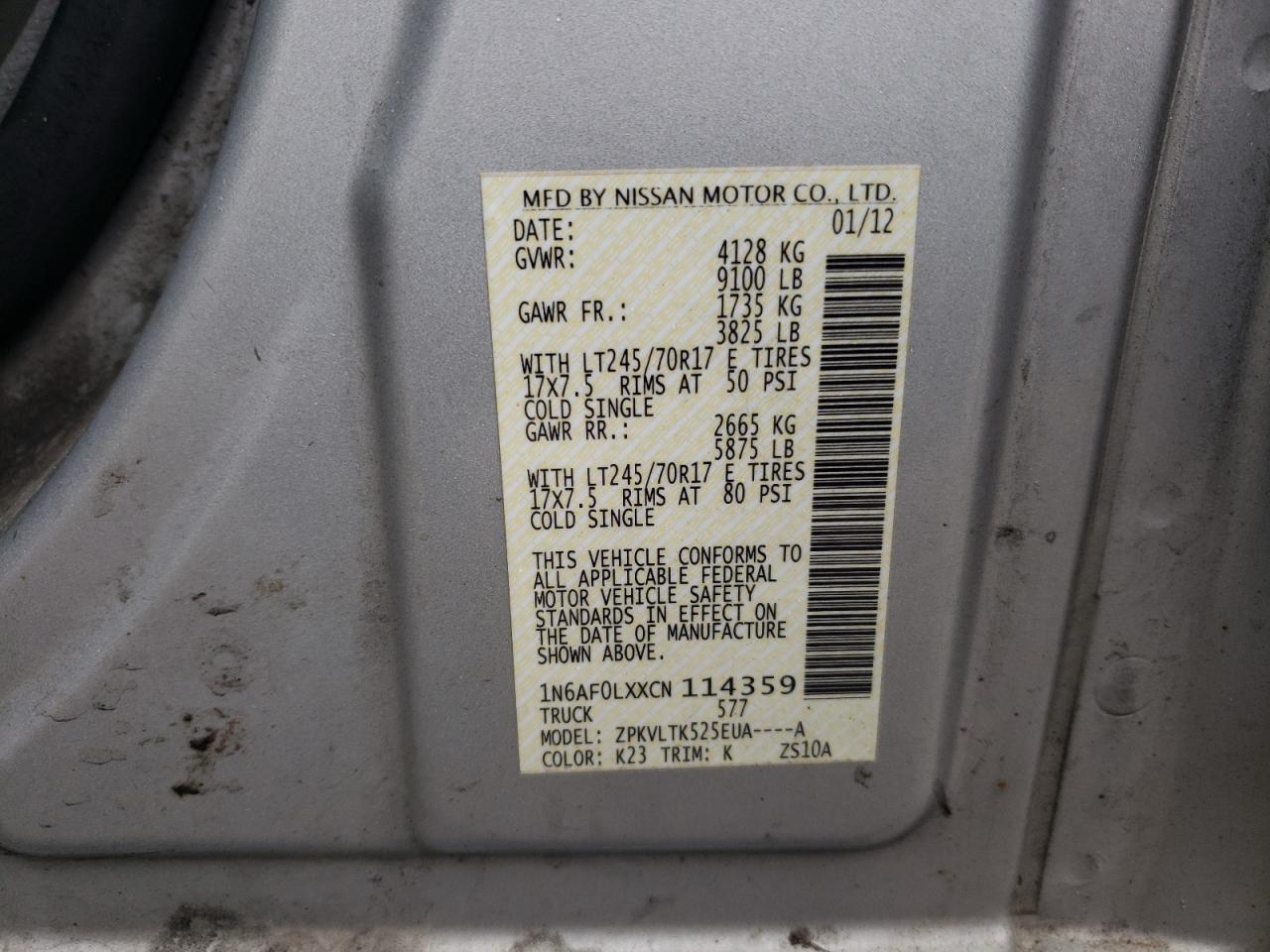 2012 Nissan Nv 2500 VIN: 1N6AF0LXXCN114359 Lot: 68440224