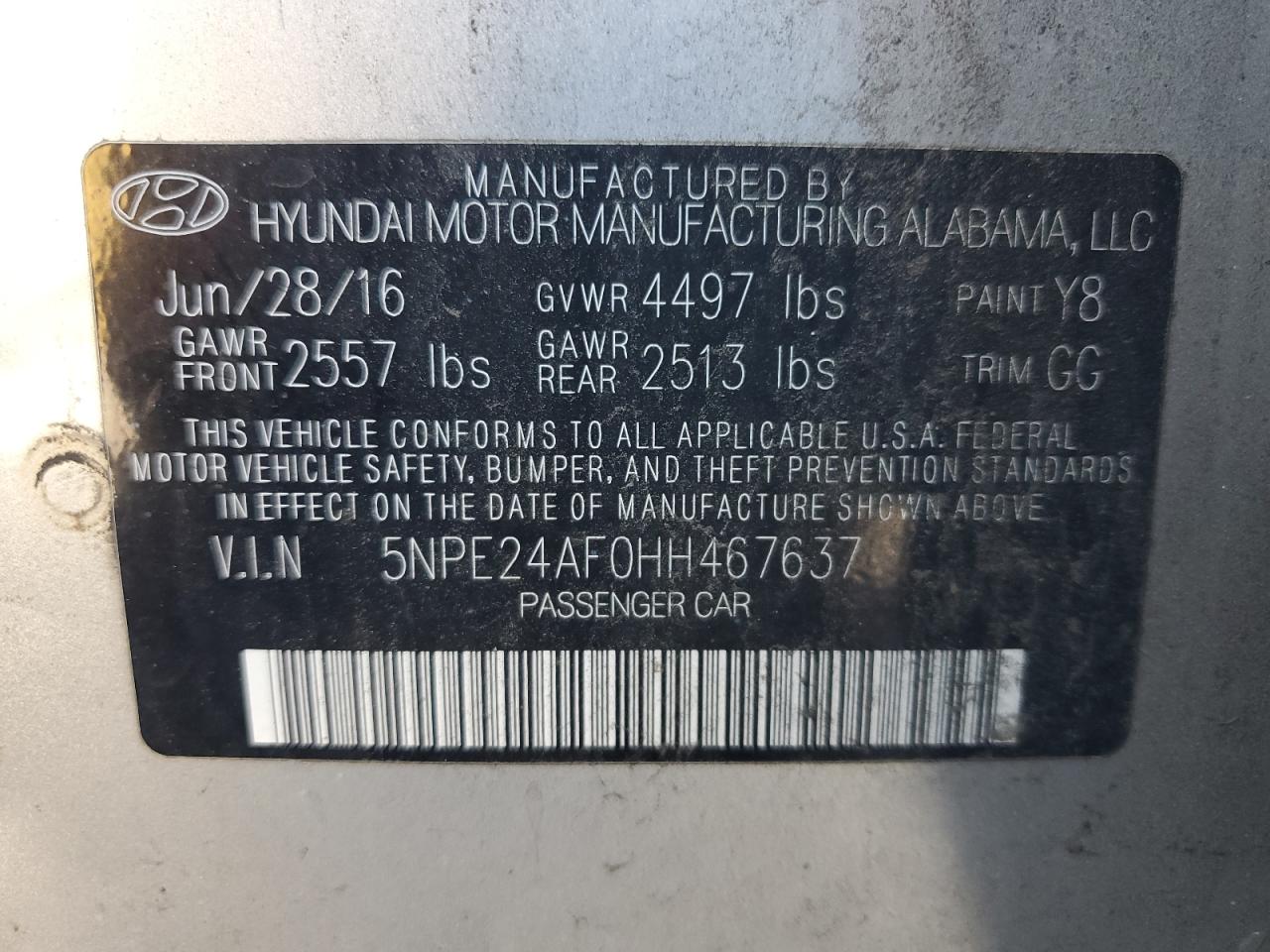 5NPE24AF0HH467637 2017 Hyundai Sonata Se