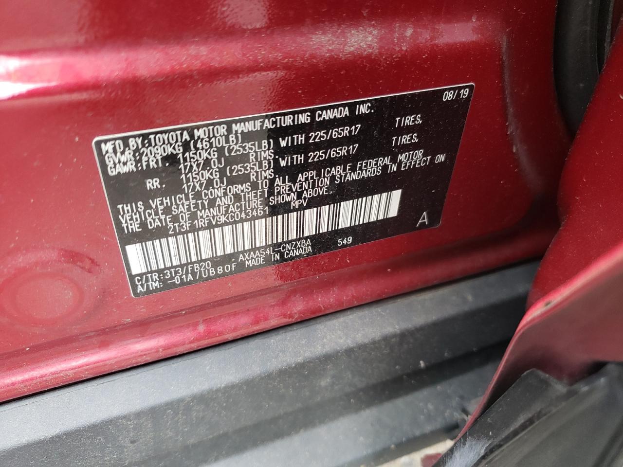 2T3F1RFV9KC043461 2019 Toyota Rav4 Le