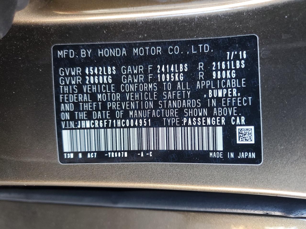 JHMCR6F71HC004951 2017 Honda Accord Touring Hybrid