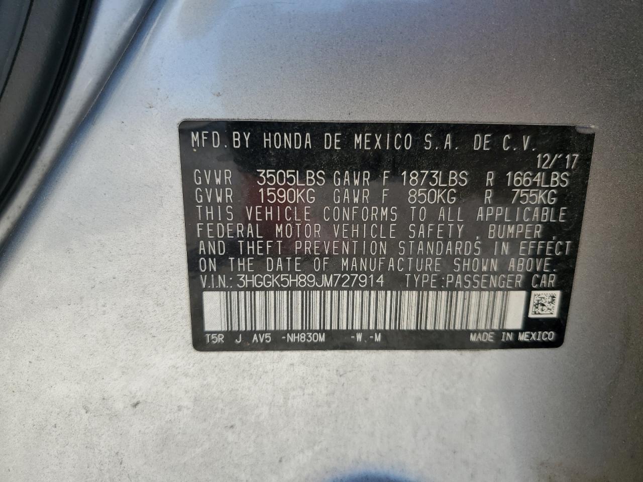 3HGGK5H89JM727914 2018 Honda Fit Ex