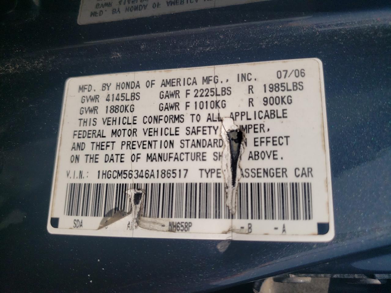 1HGCM56346A186517 2006 Honda Accord Se