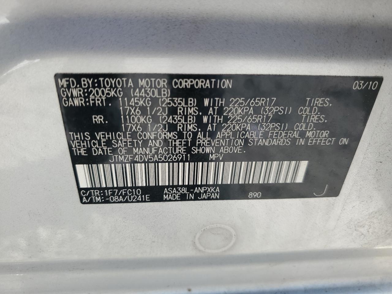 JTMZF4DV5A5026911 2010 Toyota Rav4