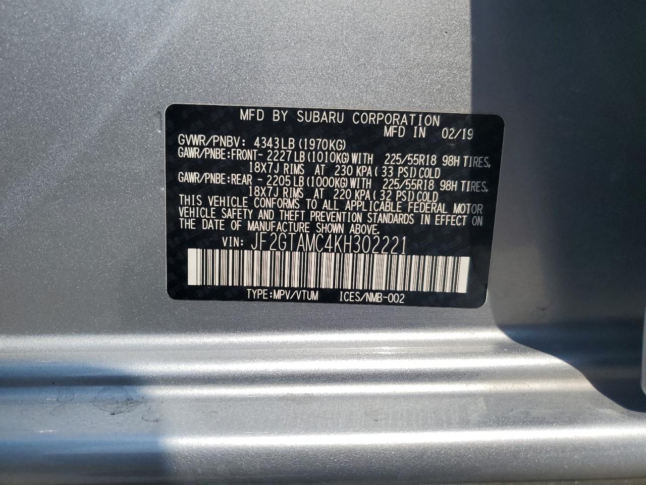 JF2GTAMC4KH302221 2019 Subaru Crosstrek Limited