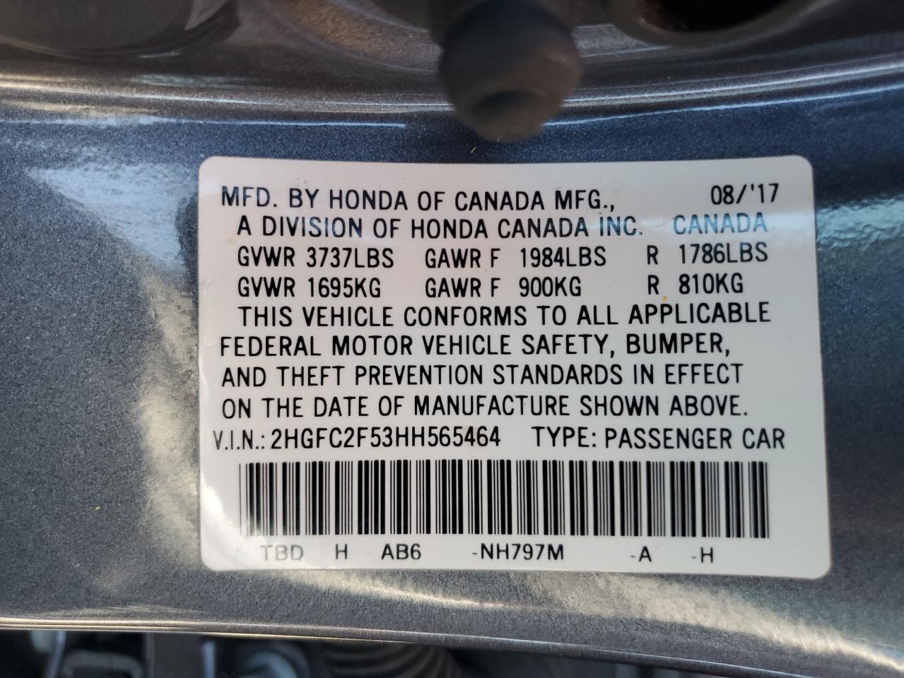 2HGFC2F53HH565464 2017 Honda Civic Lx