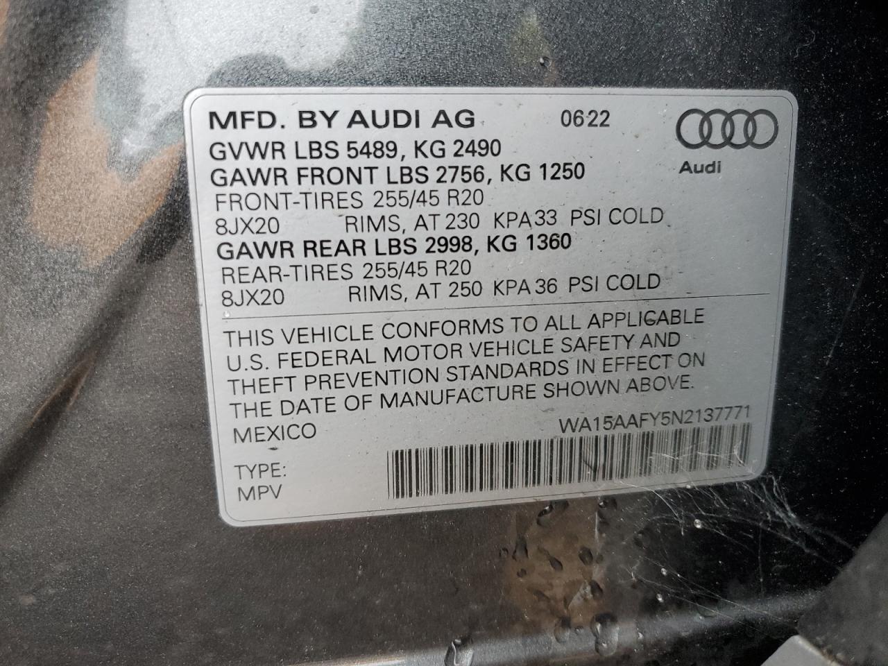 WA15AAFY5N2137771 2022 Audi Q5 Sportback Prm Pls 45