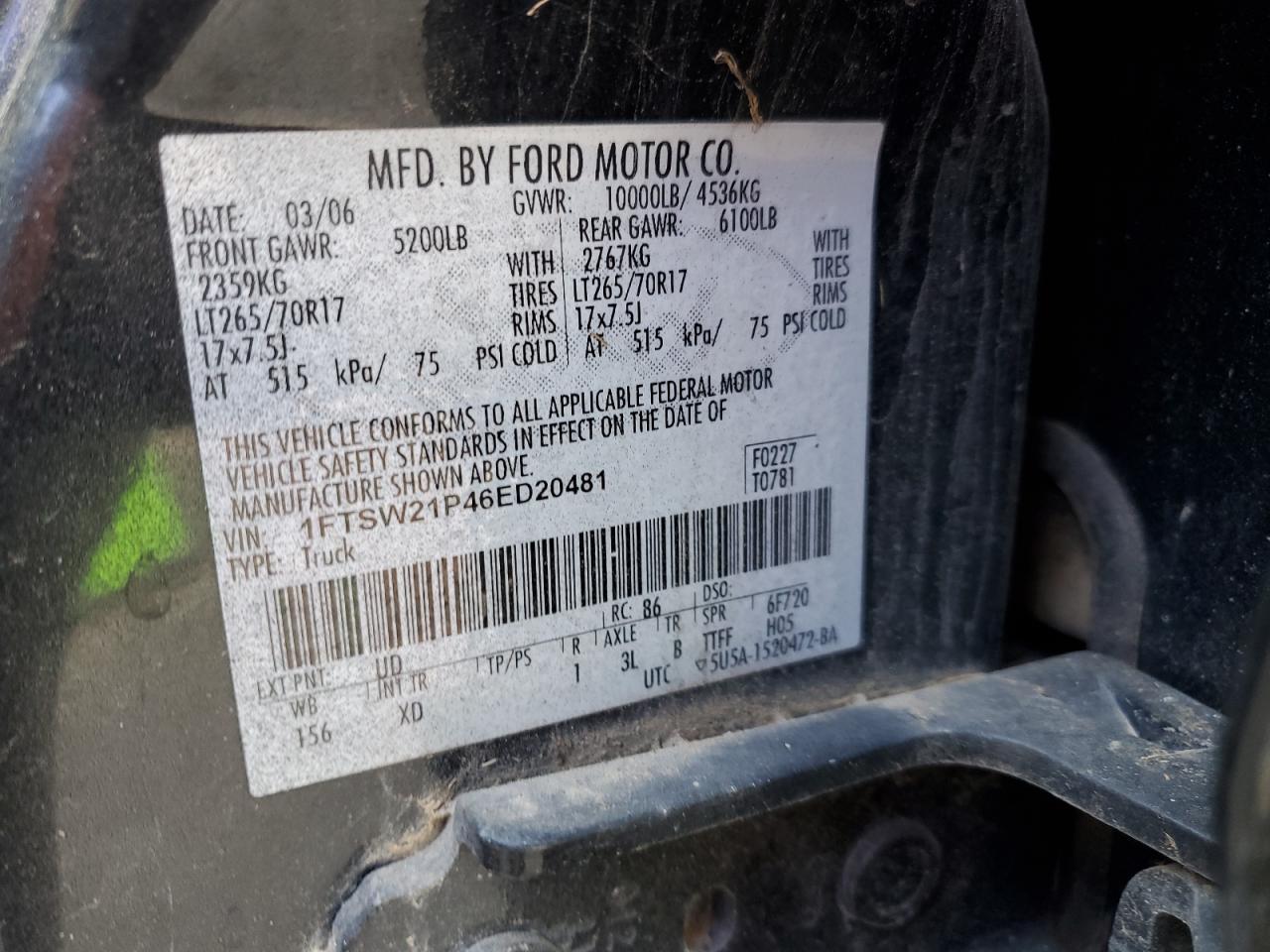 1FTSW21P46ED20481 2006 Ford F250 Super Duty