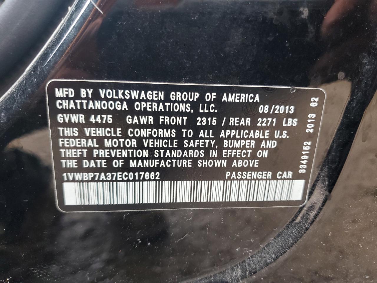 1VWBP7A37EC017662 2014 Volkswagen Passat Se