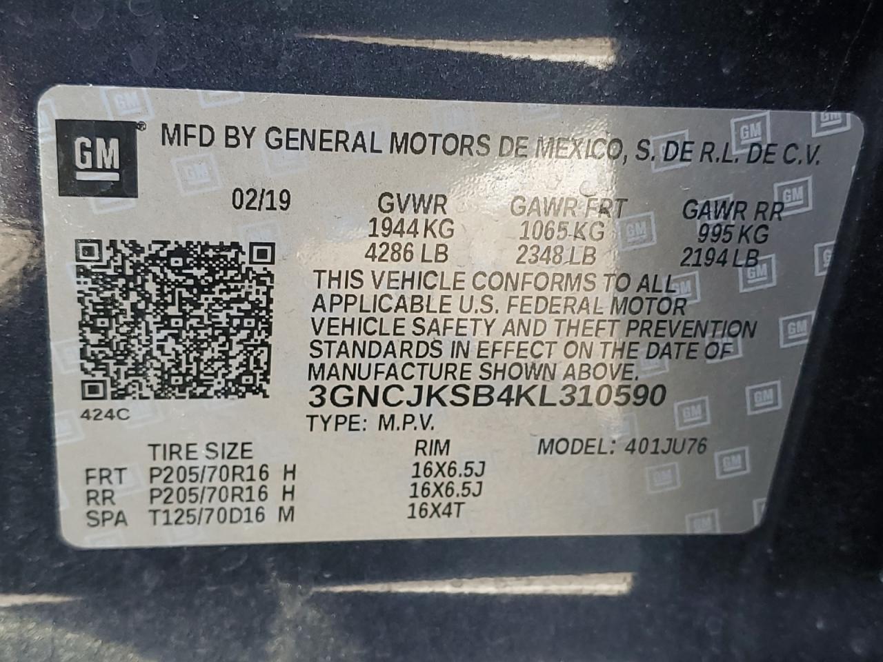 3GNCJKSB4KL310590 2019 Chevrolet Trax Ls