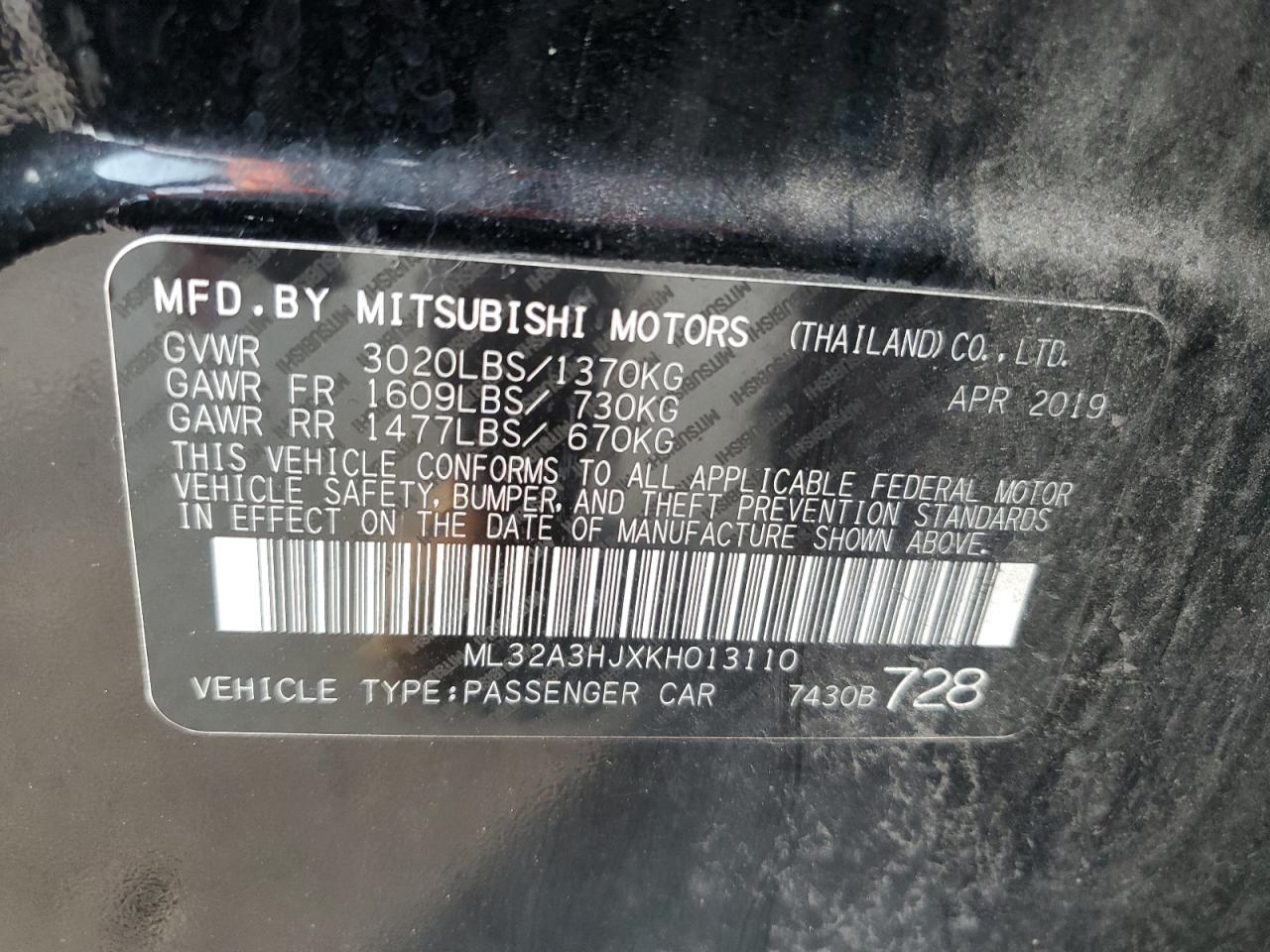 2019 Mitsubishi Mirage Es VIN: ML32A3HJXKH013110 Lot: 70970514