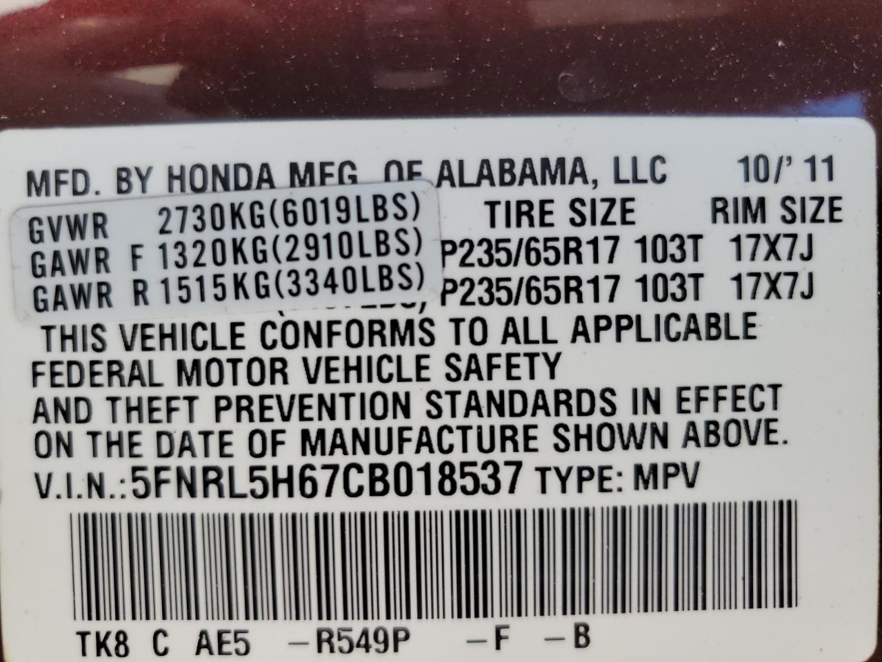 5FNRL5H67CB018537 2012 Honda Odyssey Exl