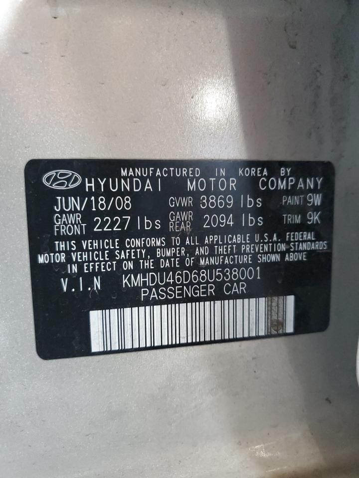 2008 Hyundai Elantra Gls VIN: KMHDU46D68U538001 Lot: 72930134