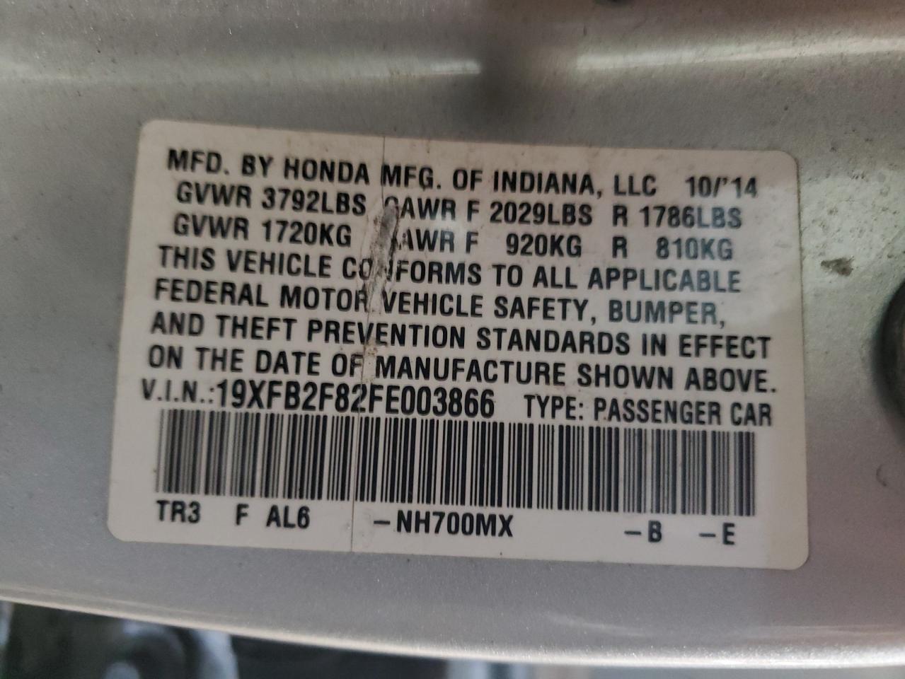 19XFB2F82FE003866 2015 Honda Civic Ex 19XFB2F82FE003866 2015 Honda Civic Ex