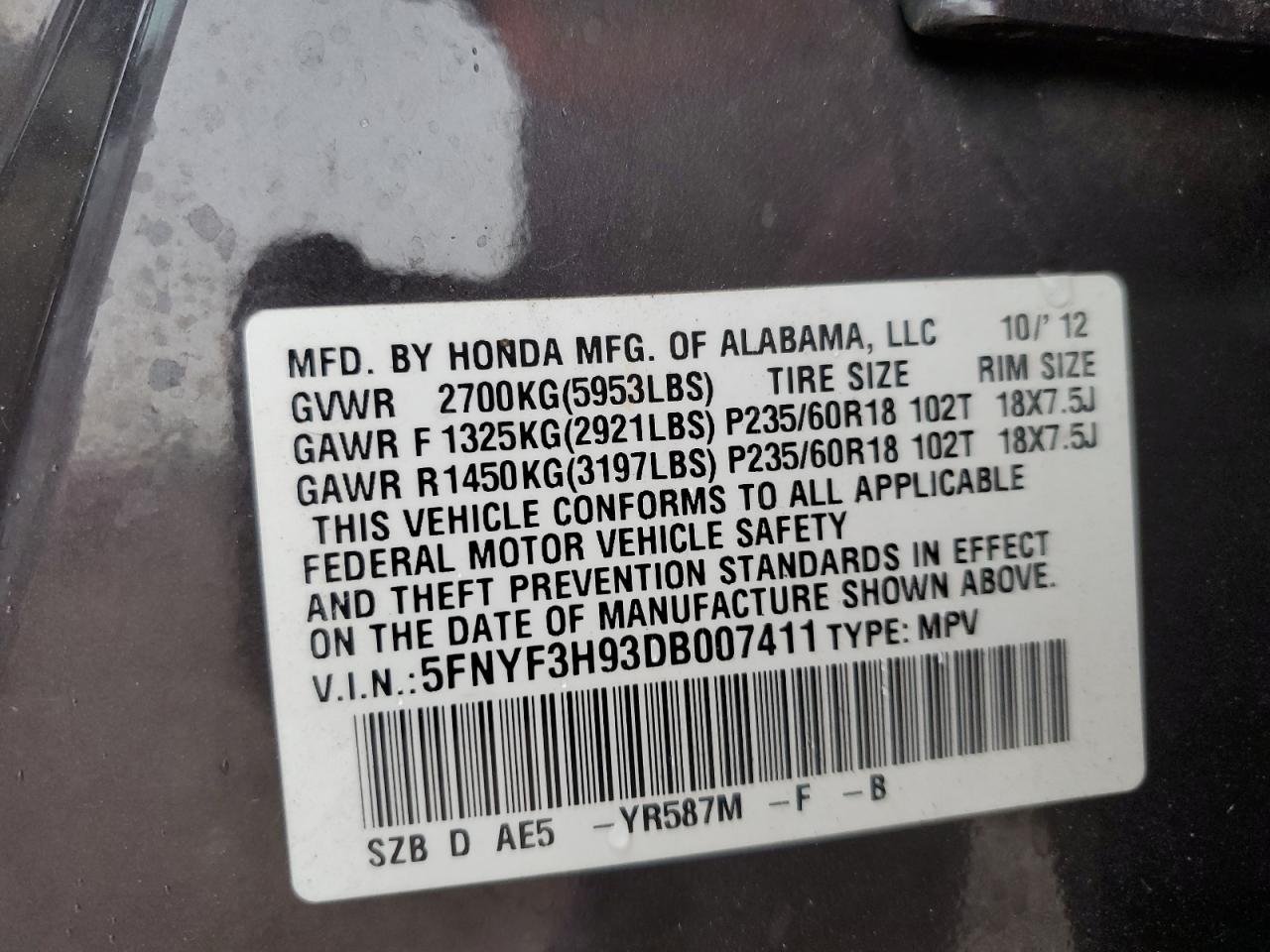 5FNYF3H93DB007411 2011 Honda Pilot Touring