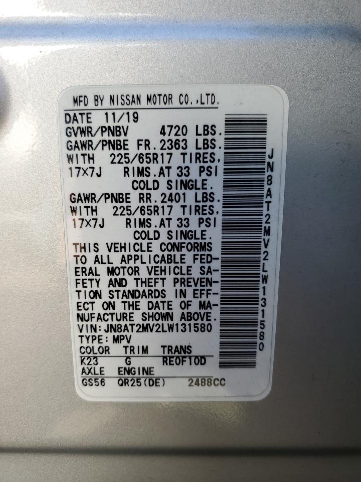 2020 Nissan Rogue S VIN: JN8AT2MV2LW131580 Lot: 70460264