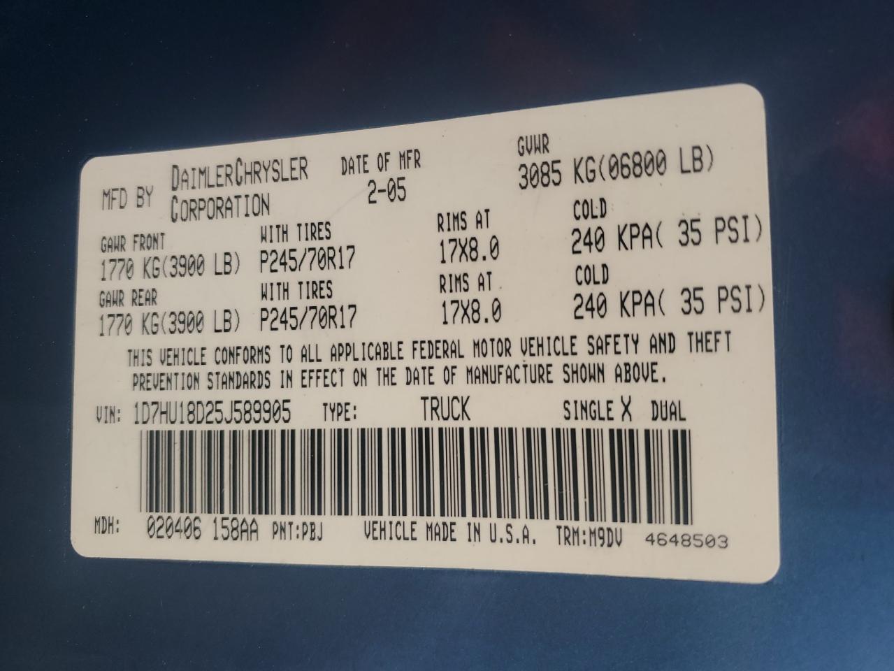 2005 Dodge Ram 1500 St VIN: 1D7HU18D25J589905 Lot: 60259965