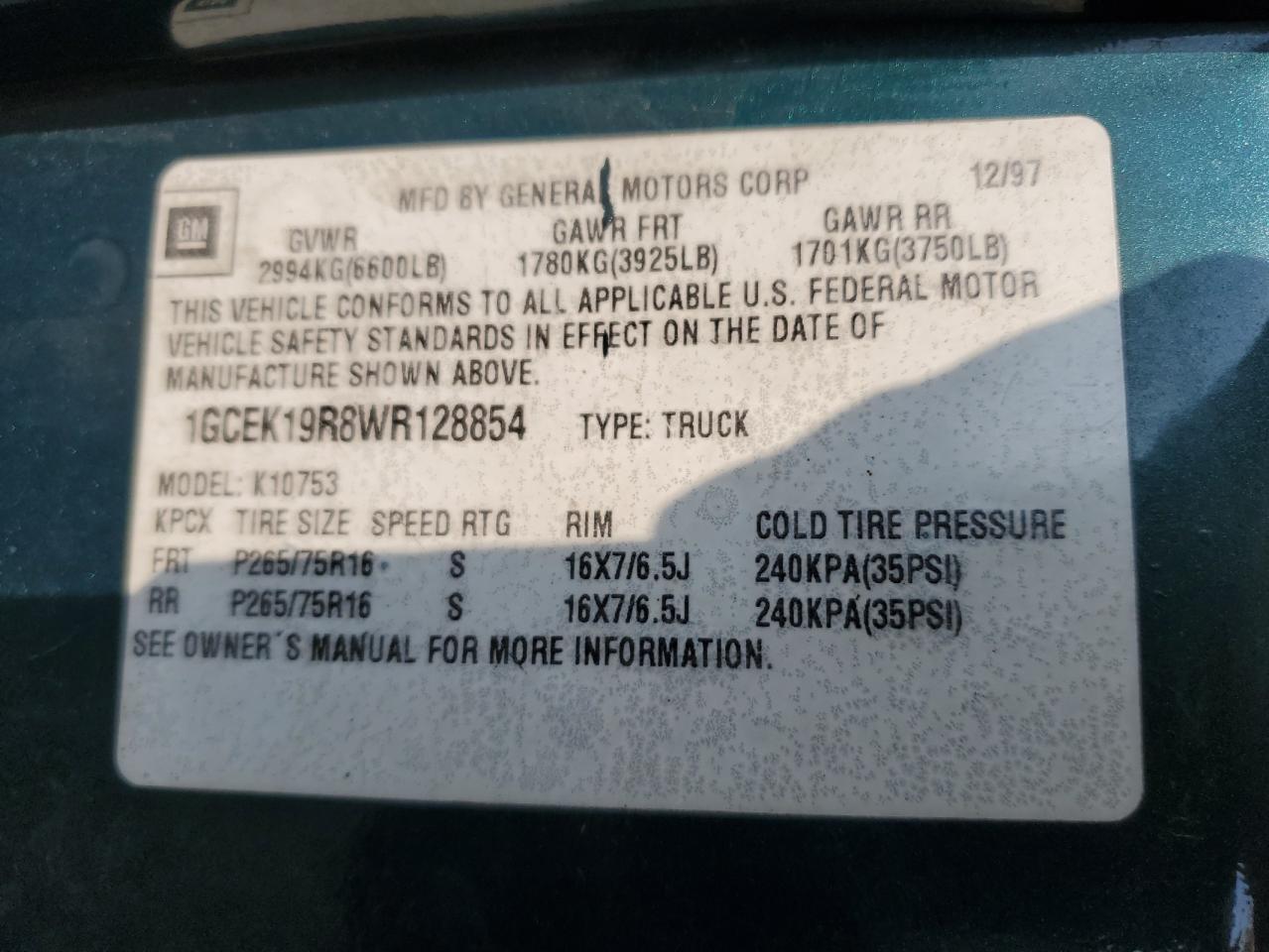 1GCEK19R8WR128854 1998 Chevrolet Gmt-400 K1500