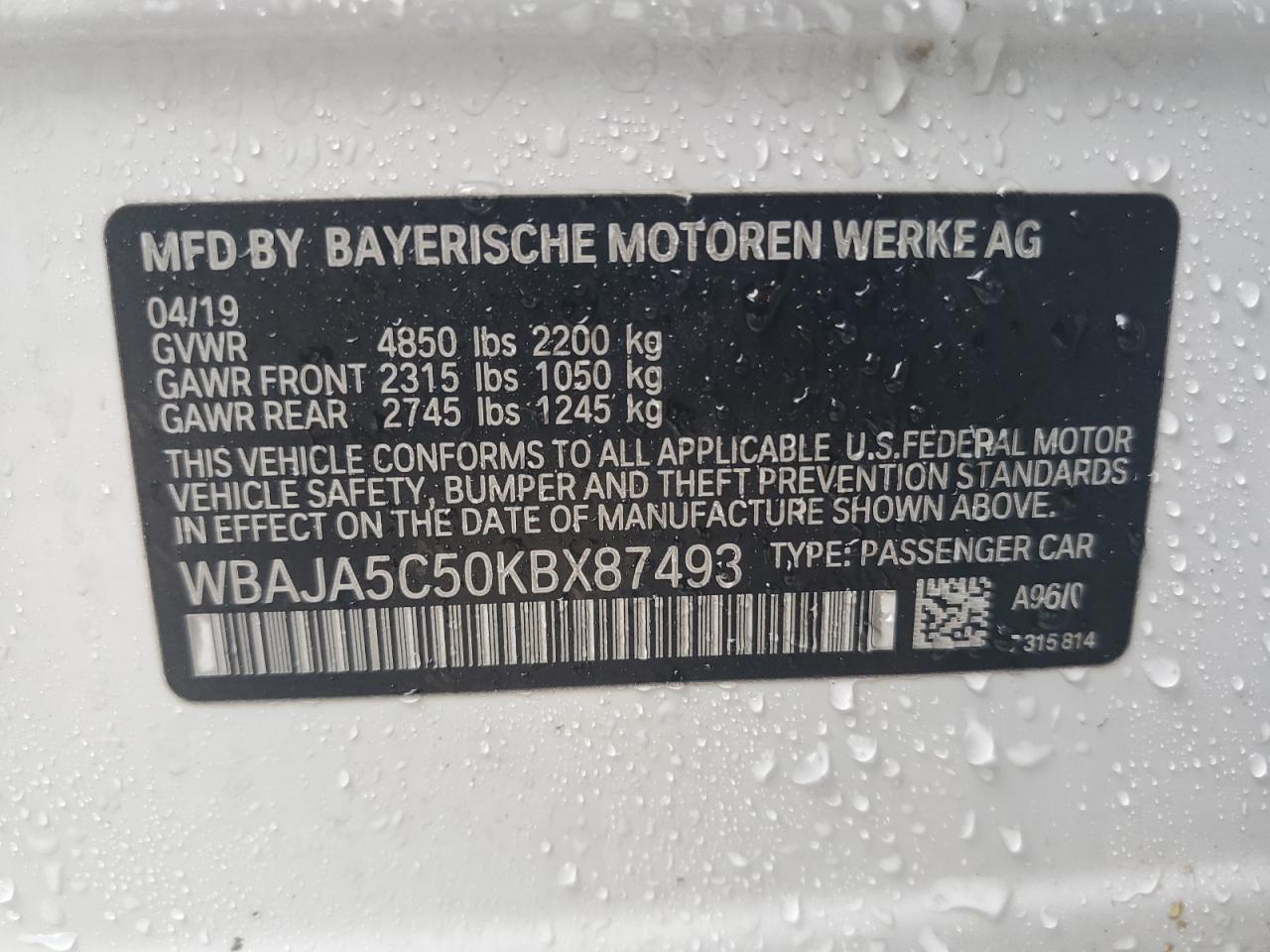 WBAJA5C50KBX87493 2019 BMW 530 I