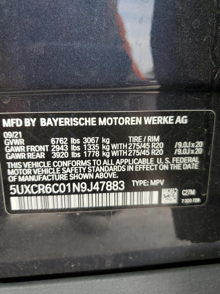 2022 BMW X5 xDrive40I VIN: 5UXCR6C01N9J47883 Lot: 71237714