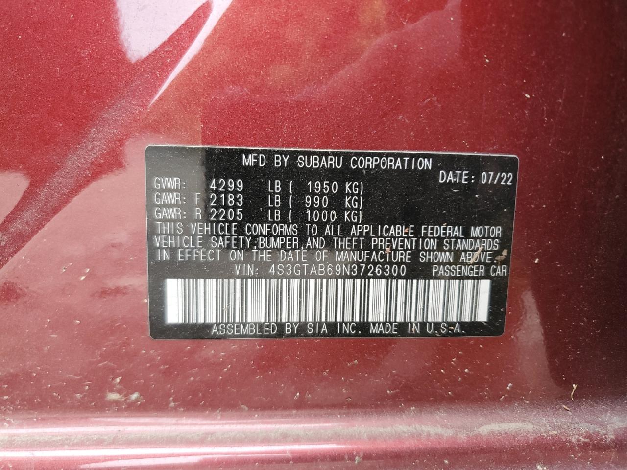 4S3GTAB69N3726300 2022 Subaru Impreza