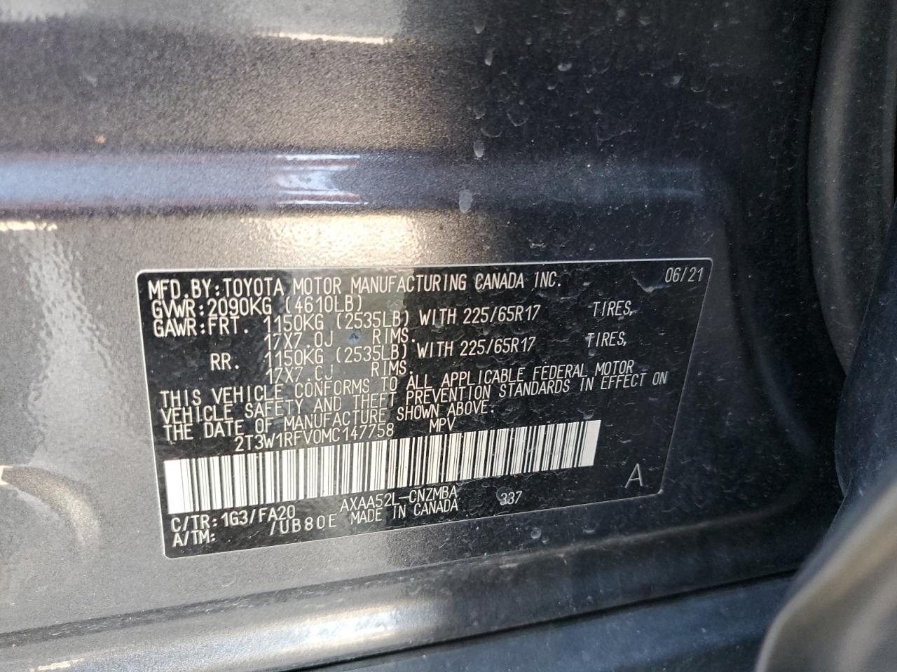 2T3W1RFV0MC147758 2021 Toyota Rav4 Xle