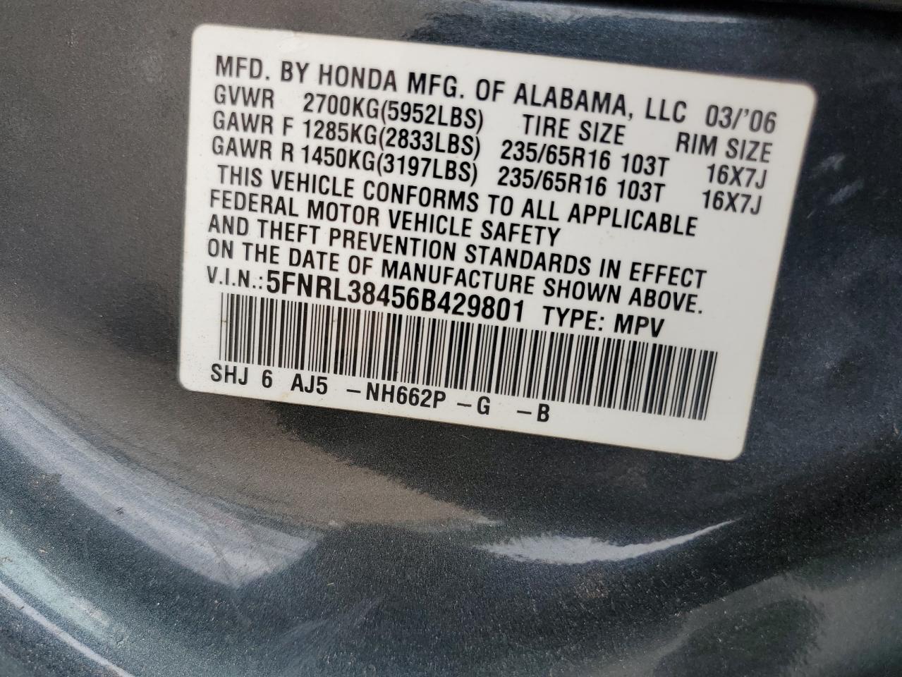 5FNRL38456B429801 2006 Honda Odyssey Ex