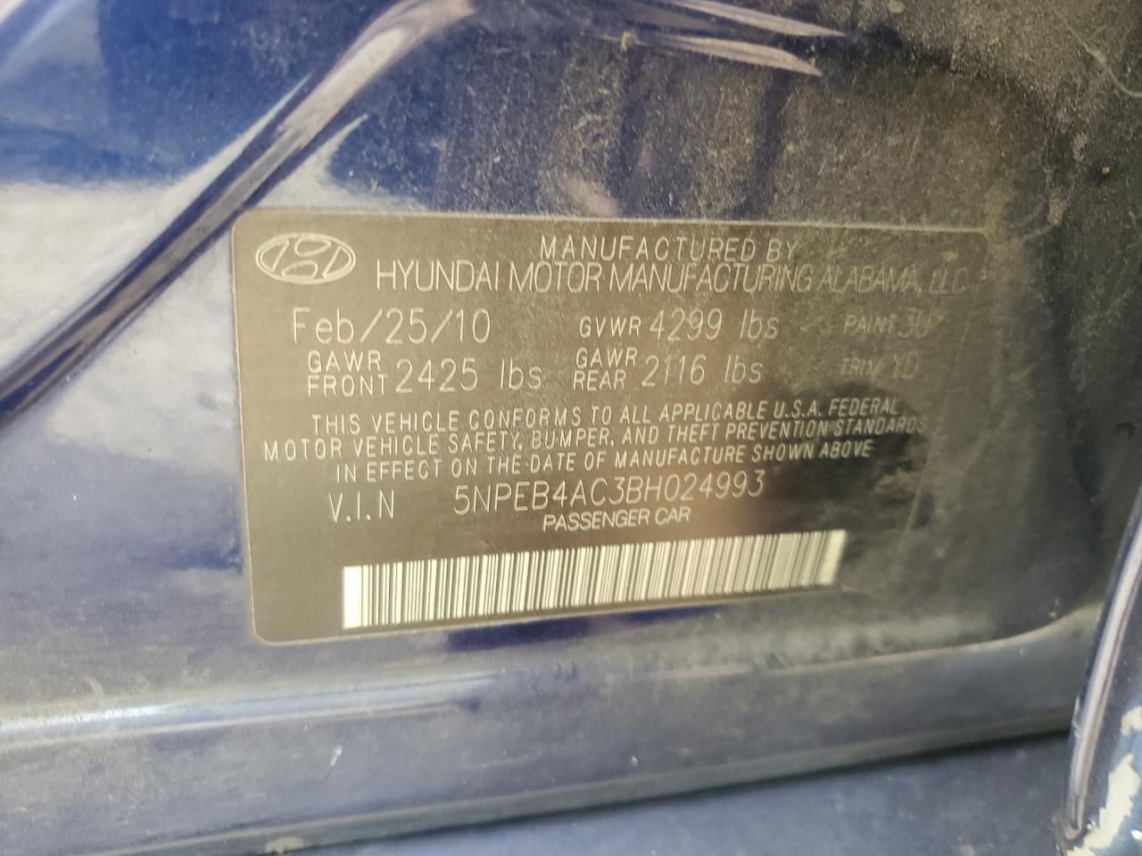 5NPEB4AC3BH024993 2011 Hyundai Sonata Gls