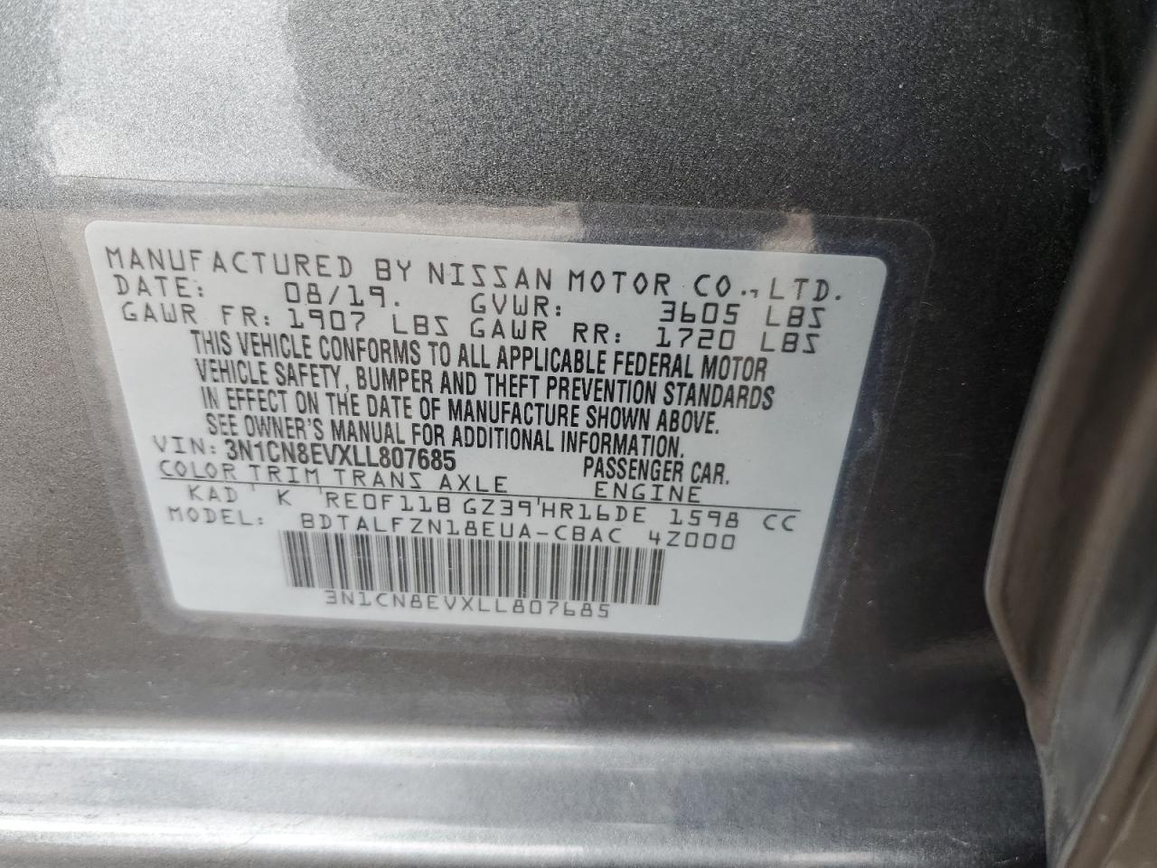 3N1CN8EVXLL807685 2020 Nissan Versa Sv