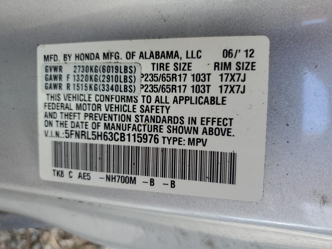 5FNRL5H63CB115976 2012 Honda Odyssey Exl