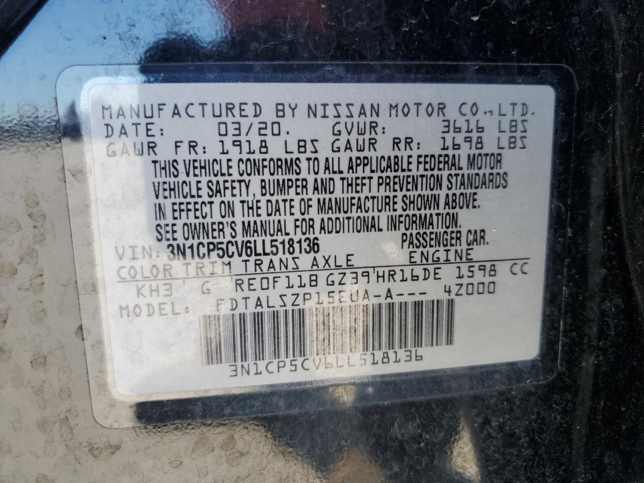 2020 Nissan Kicks Sv VIN: 3N1CP5CV6LL518136 Lot: 73049414