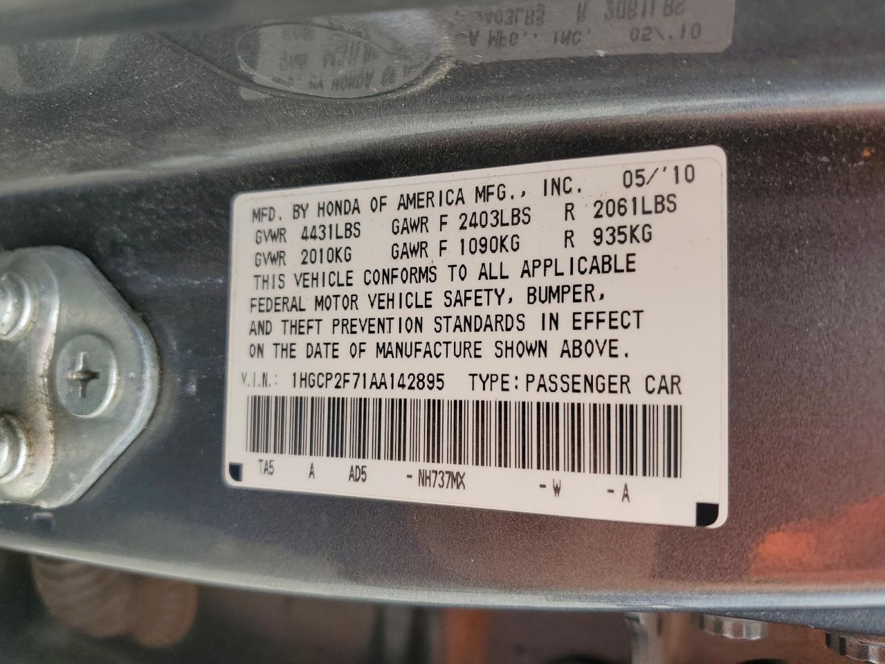 1HGCP2F71AA142895 2010 Honda Accord Ex