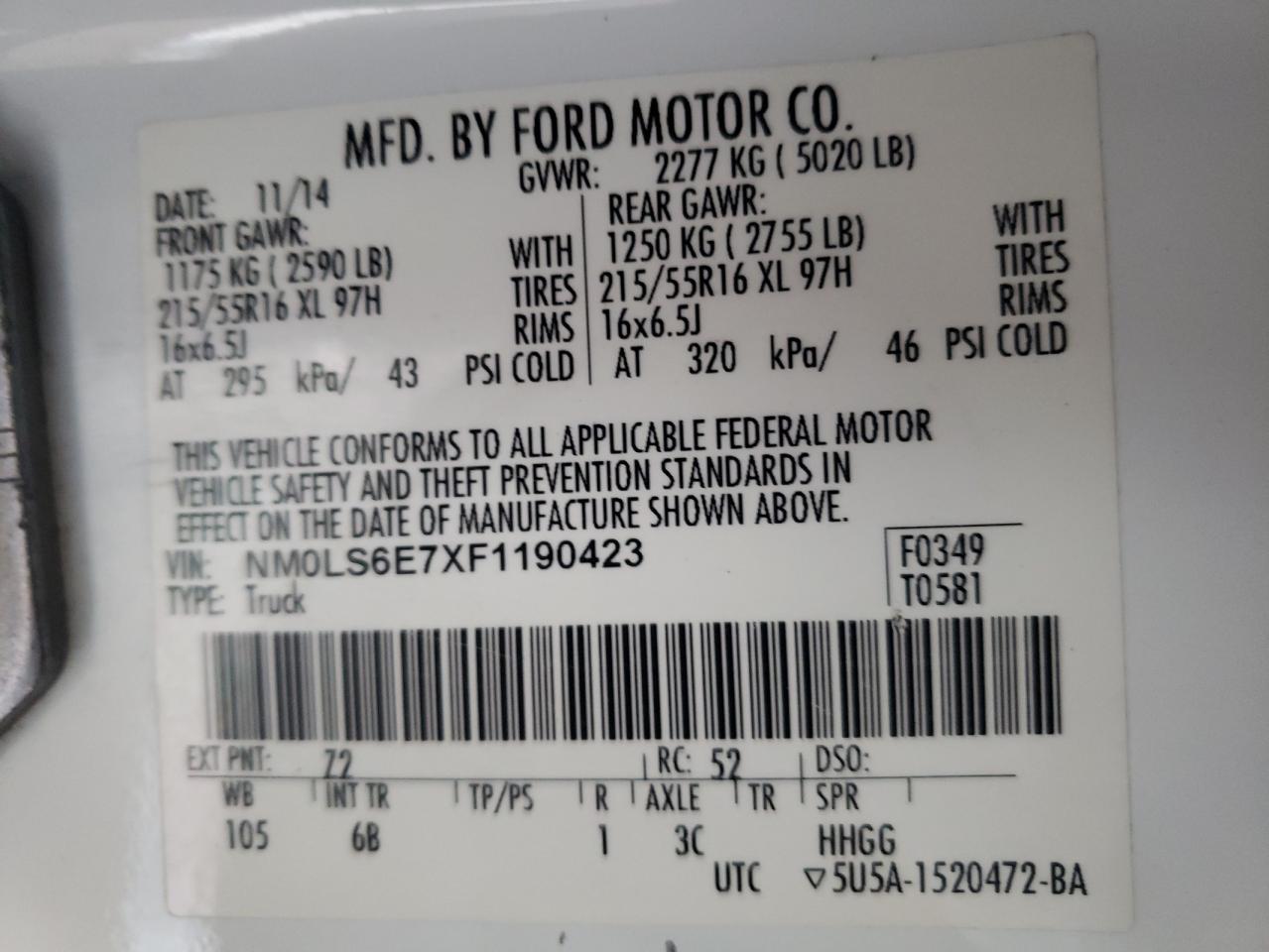 NM0LS6E7XF1190423 2015 Ford Transit Connect Xl