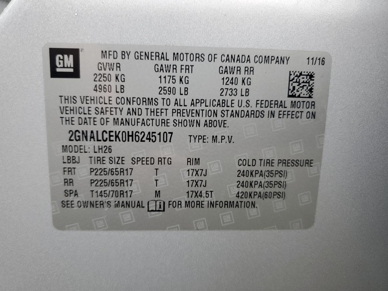 2GNALCEK0H6245107 2017 Chevrolet Equinox Lt