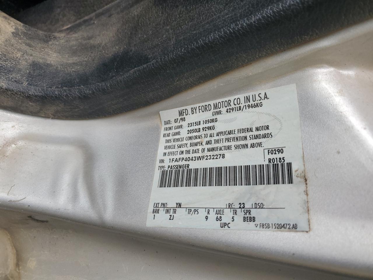 1998 Ford Mustang VIN: 1FAFP4043WF232278 Lot: 65700334