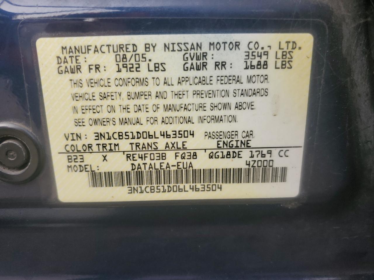 2006 Nissan Sentra 1.8 VIN: 3N1CB51D06L463504 Lot: 73408884