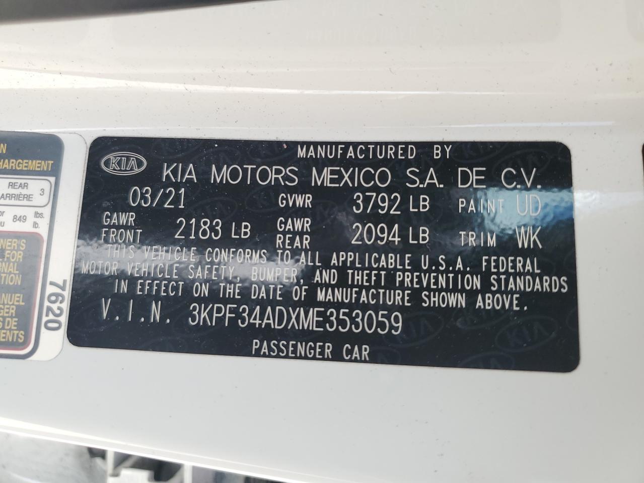 2021 Kia Forte Gt Line VIN: 3KPF34ADXME353059 Lot: 70099524