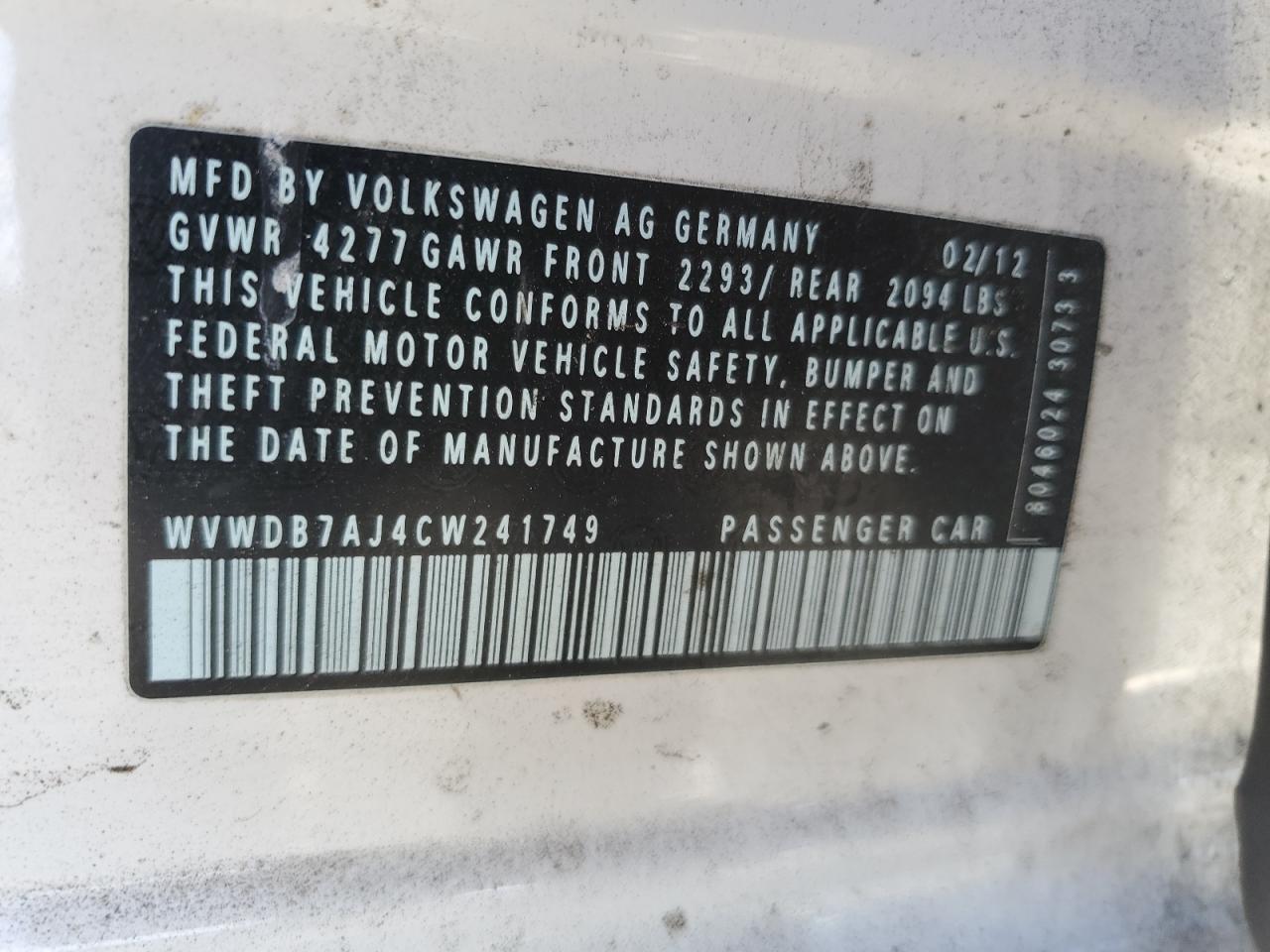 WVWDB7AJ4CW241749 2012 Volkswagen Golf