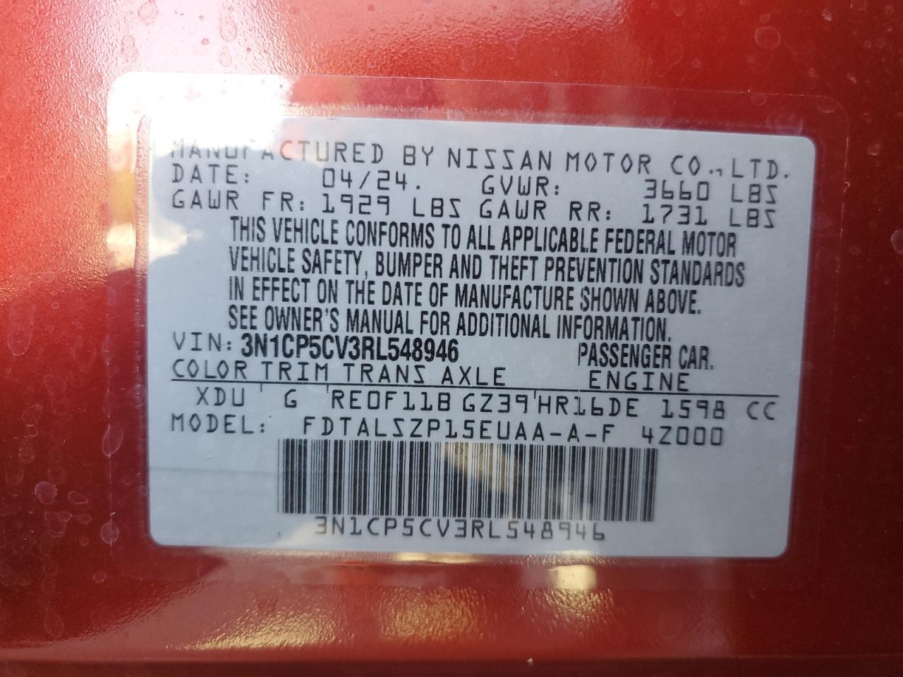 3N1CP5CV3RL548946 2024 Nissan Kicks Sv