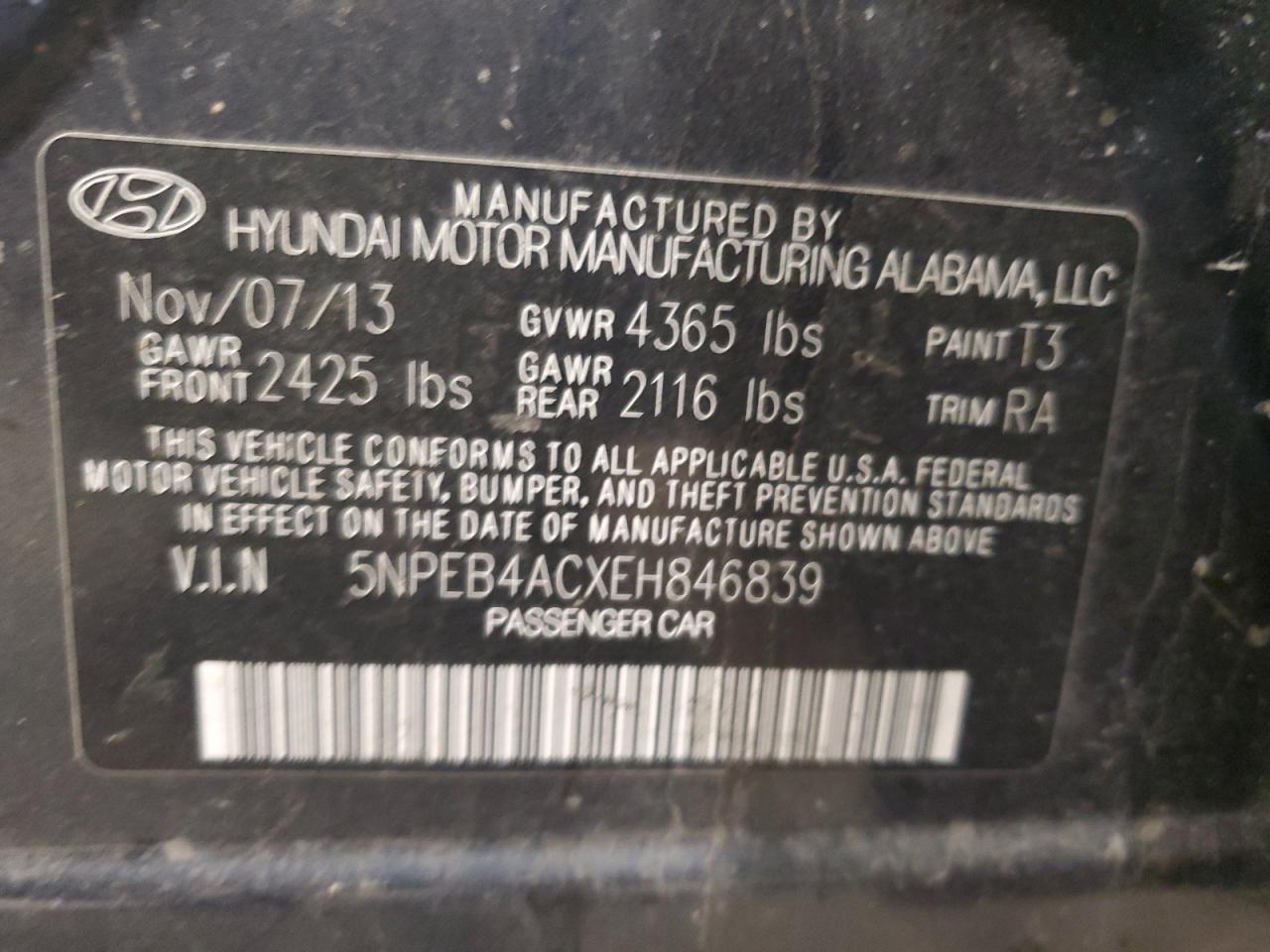 5NPEB4ACXEH846839 2014 Hyundai Sonata Gls