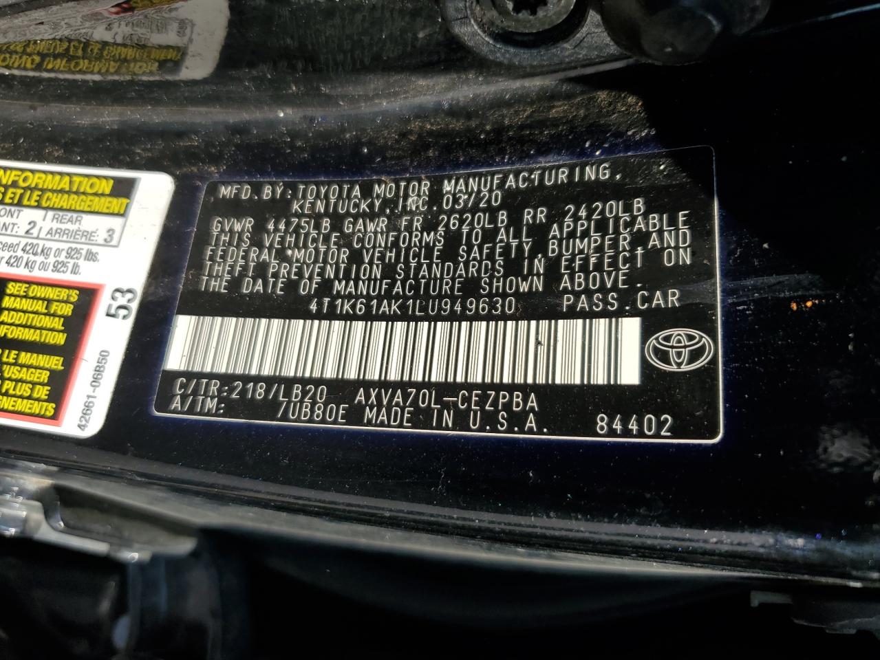 4T1K61AK1LU949630 2020 TOYOTA CAMRY - Image 12