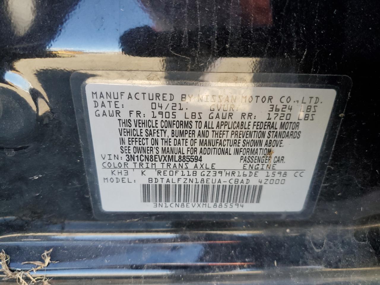 3N1CN8EVXML885594 2021 Nissan Versa Sv