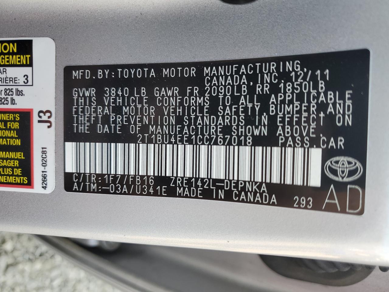 2012 Toyota Corolla Base VIN: 2T1BU4EE1CC767018 Lot: 70044704