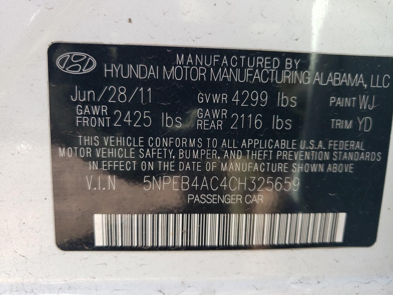 2012 Hyundai Sonata Gls VIN: 5NPEB4AC4CH325659 Lot: 69644434