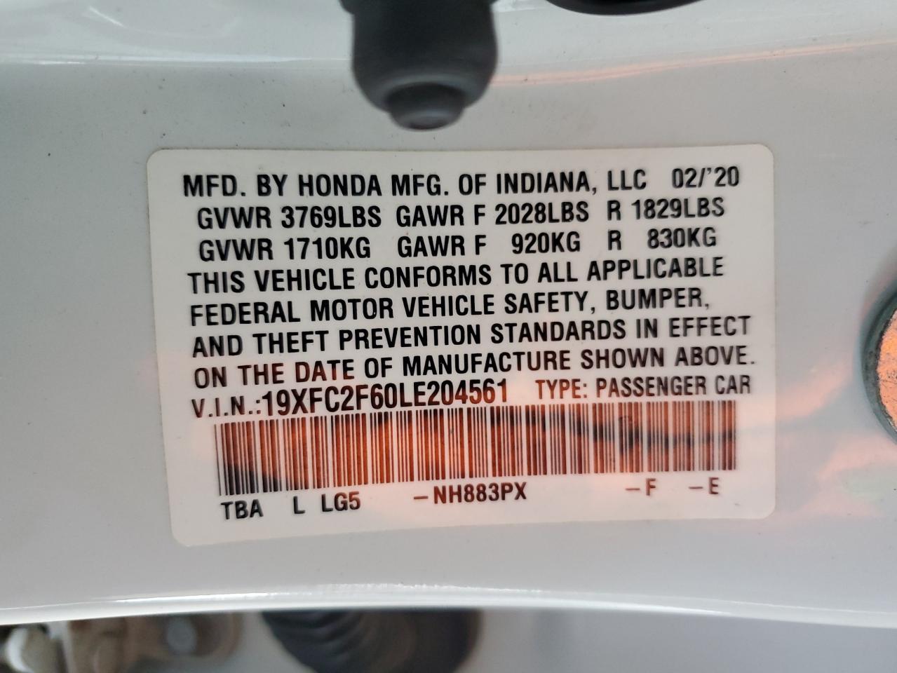 2020 Honda Civic Lx VIN: 19XFC2F60LE204561 Lot: 72549644