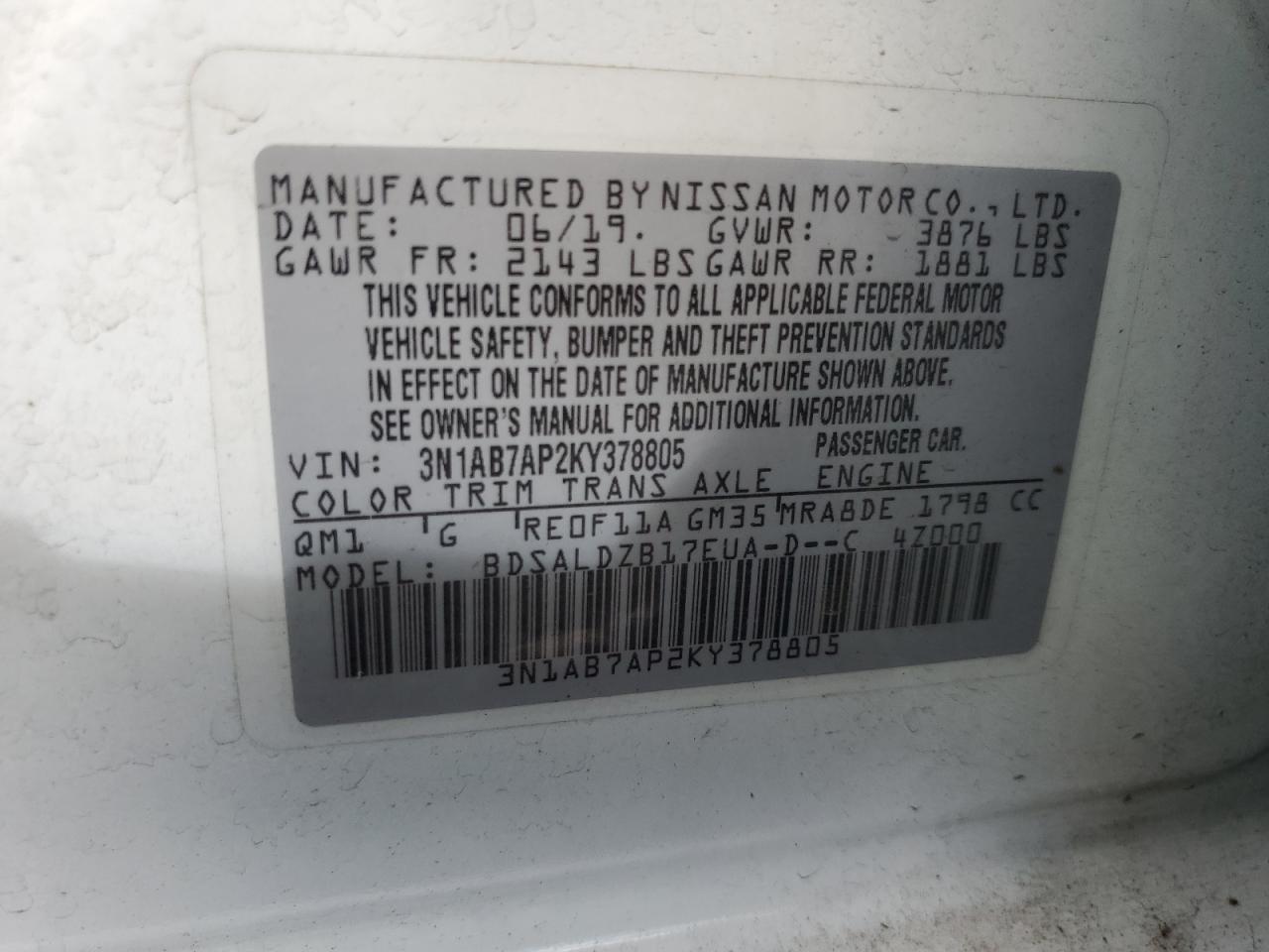 3N1AB7AP2KY378805 2019 Nissan Sentra S