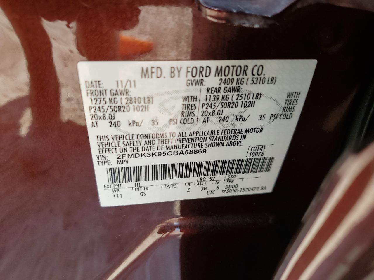 2FMDK3K95CBA58869 2012 Ford Edge Limited