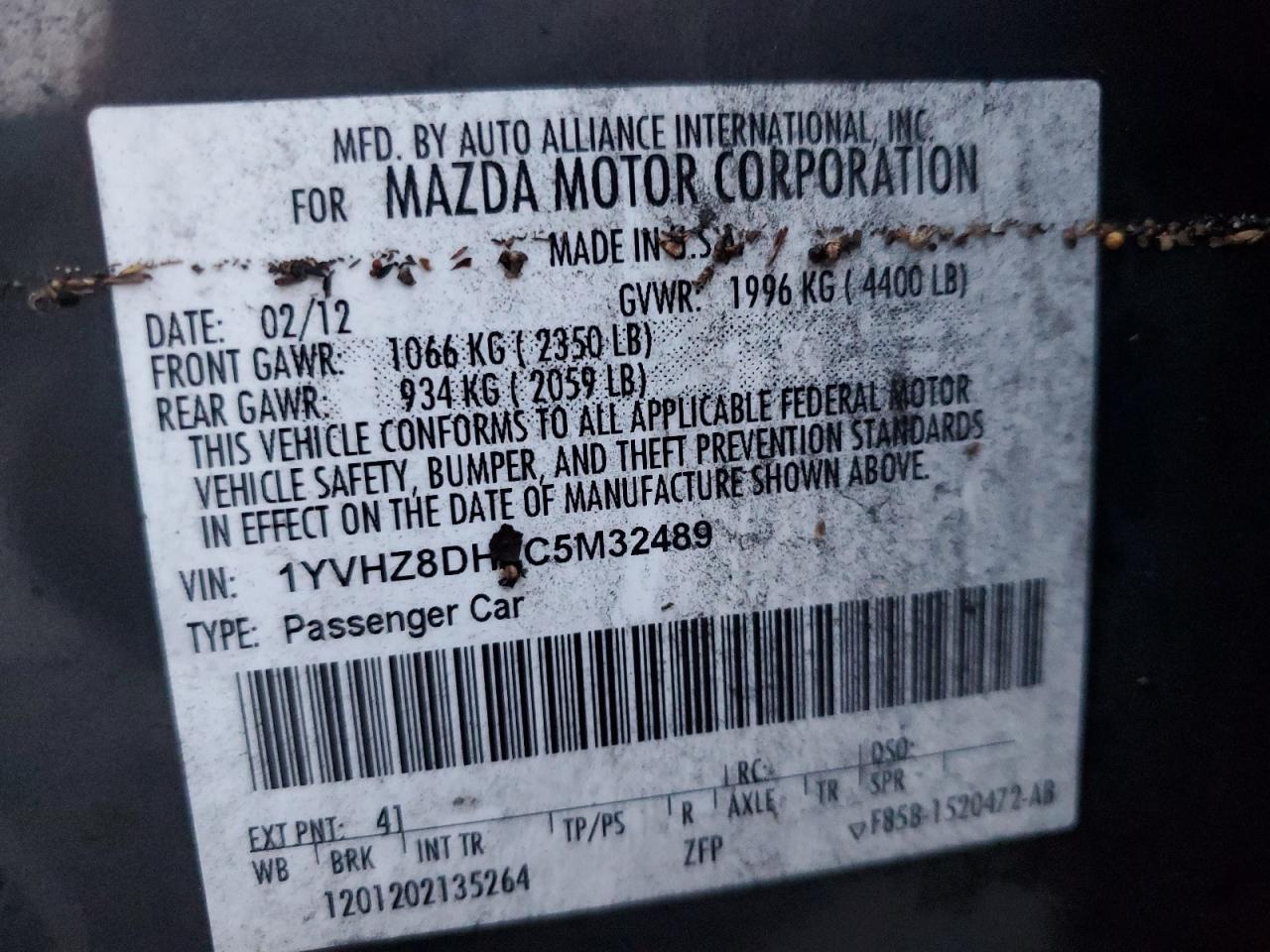 1YVHZ8DH1C5M32489 2012 Mazda 6 I